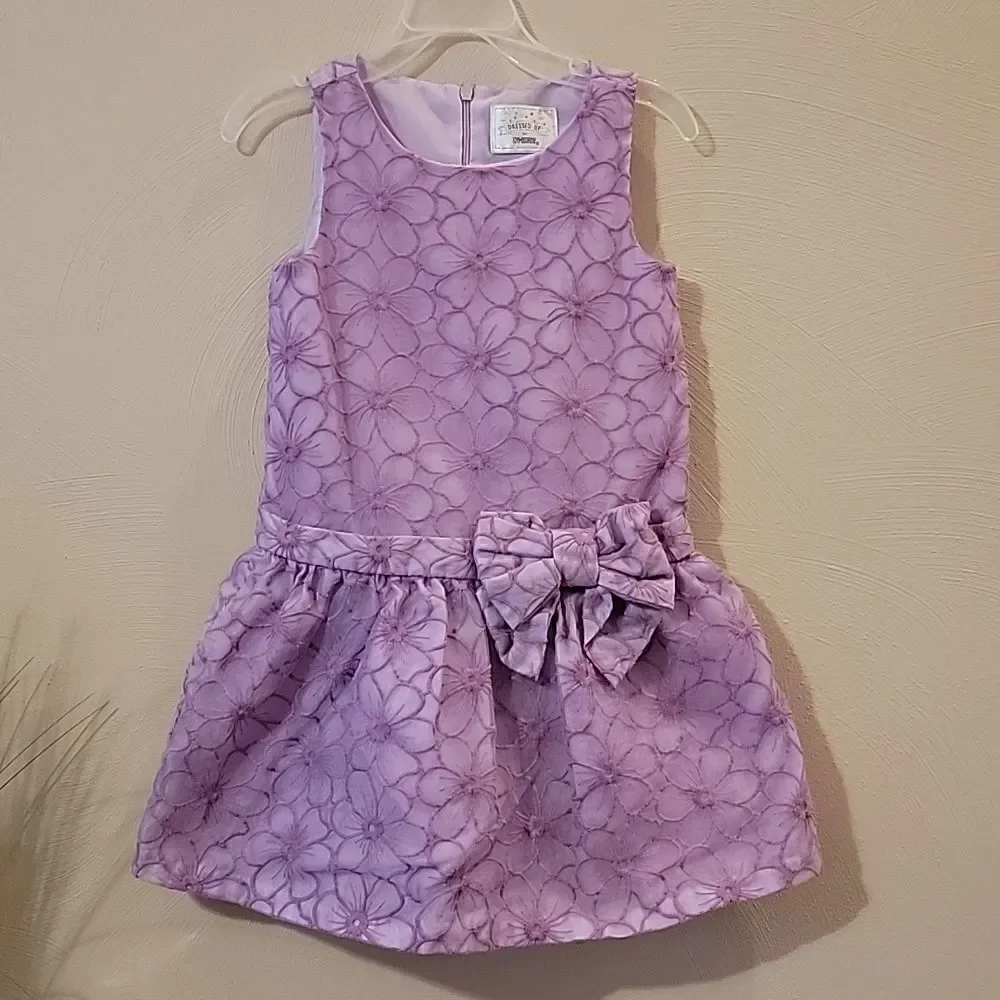 DRESSED UP BY GYMBOREE LILAC DROPPED WAIST FLORAL PRINT DRESS WITH BOW, SIZE 5